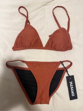 Mystic Ribbed Triangle Bikini Set in Rust Orange